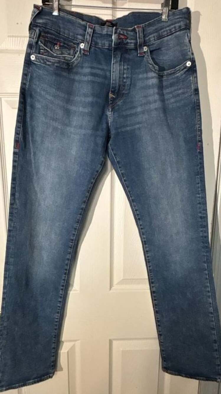 True Religion Ricky Relaxed Straight Size 34 Blue Denim Jeans, 33 inseam